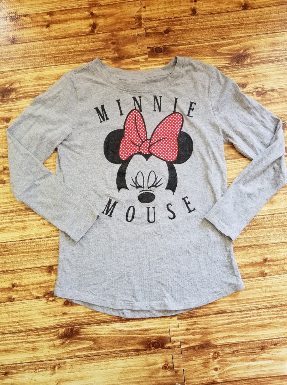Disney Minnie Mouse Gray Long Sleeve Shirt with Bow Large L Girls 10/12